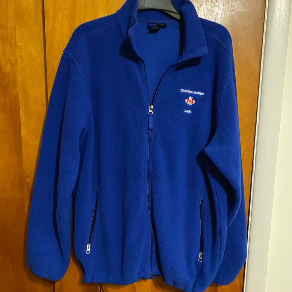 Land Ends Men Athletic Blue Fleece Zip-Up Long Sleeve Elastic Cuff Jacket, Sz L